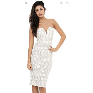 TFNC London Strapless Lace Midi Dress Gold‎ Beige Sweetheart Neckline Cocktail